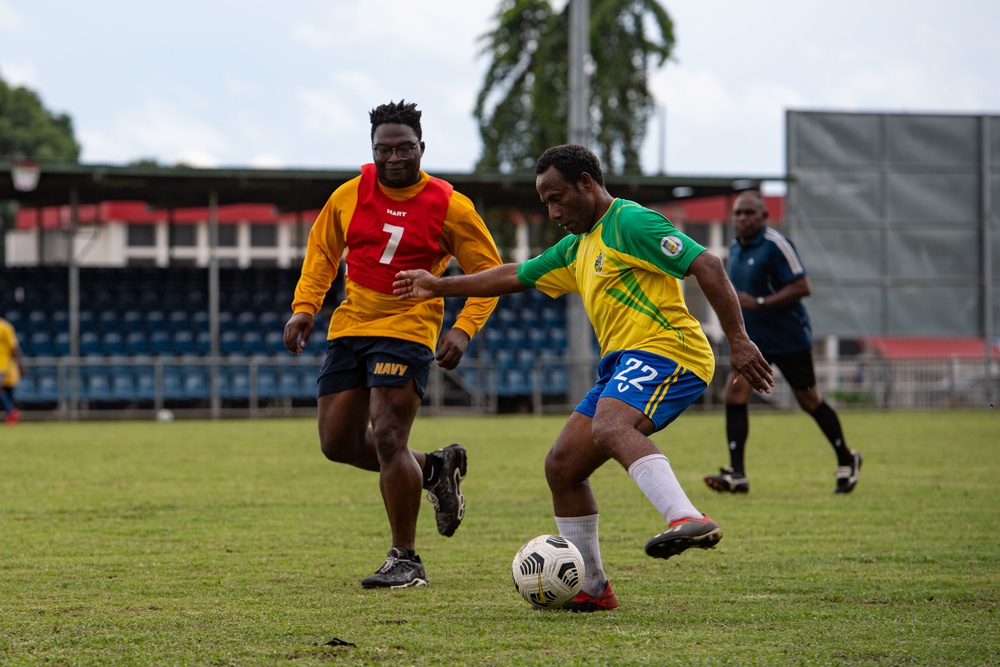 Pacific Partnership 2022 personnel compete against Solomon Islands national soccer team