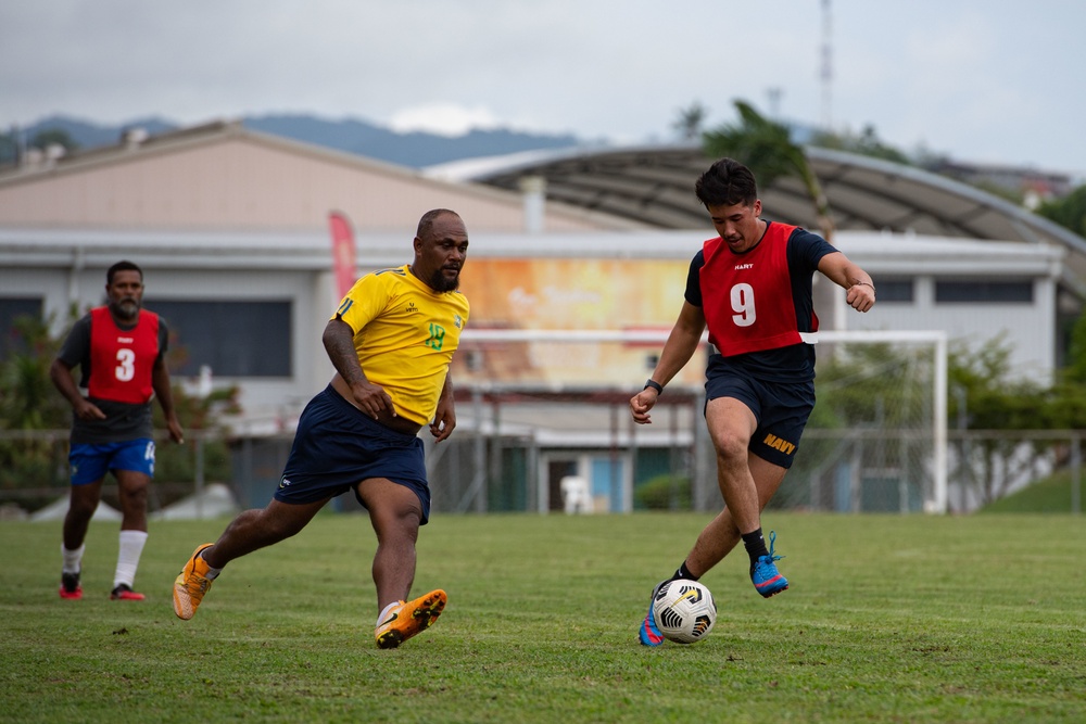 Pacific Partnership 2022 personnel compete against Solomon Islands national soccer team