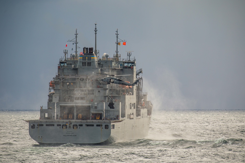 USS Kearsarge (LHD 3) and HSC 28 Conducts VERTREP with USNS William McLean (T-AKE 12)