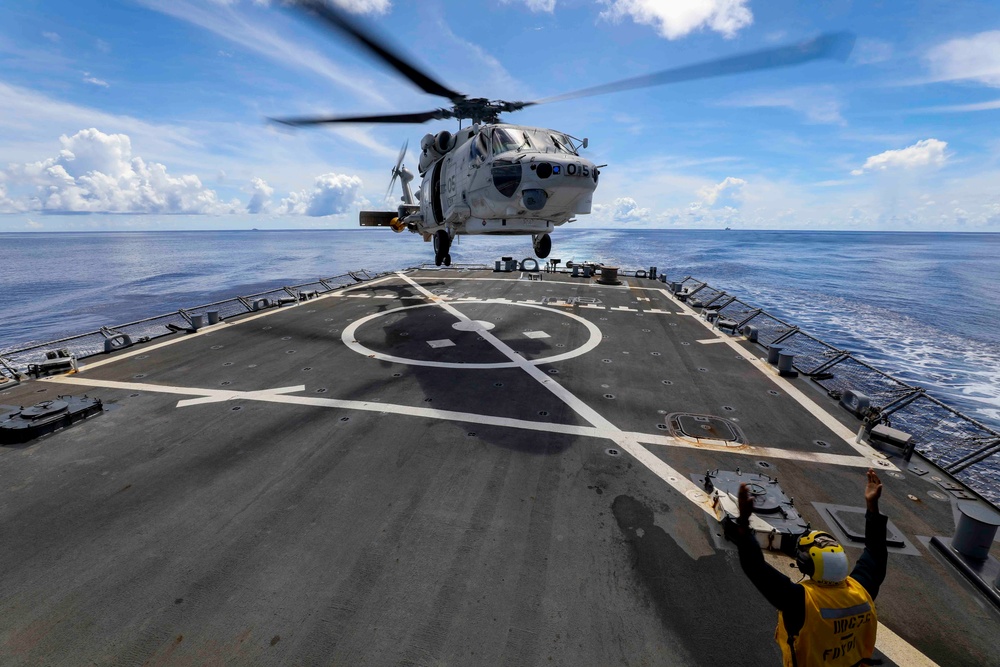 Japanese Helicopter Conducts Operations With USS Higgins