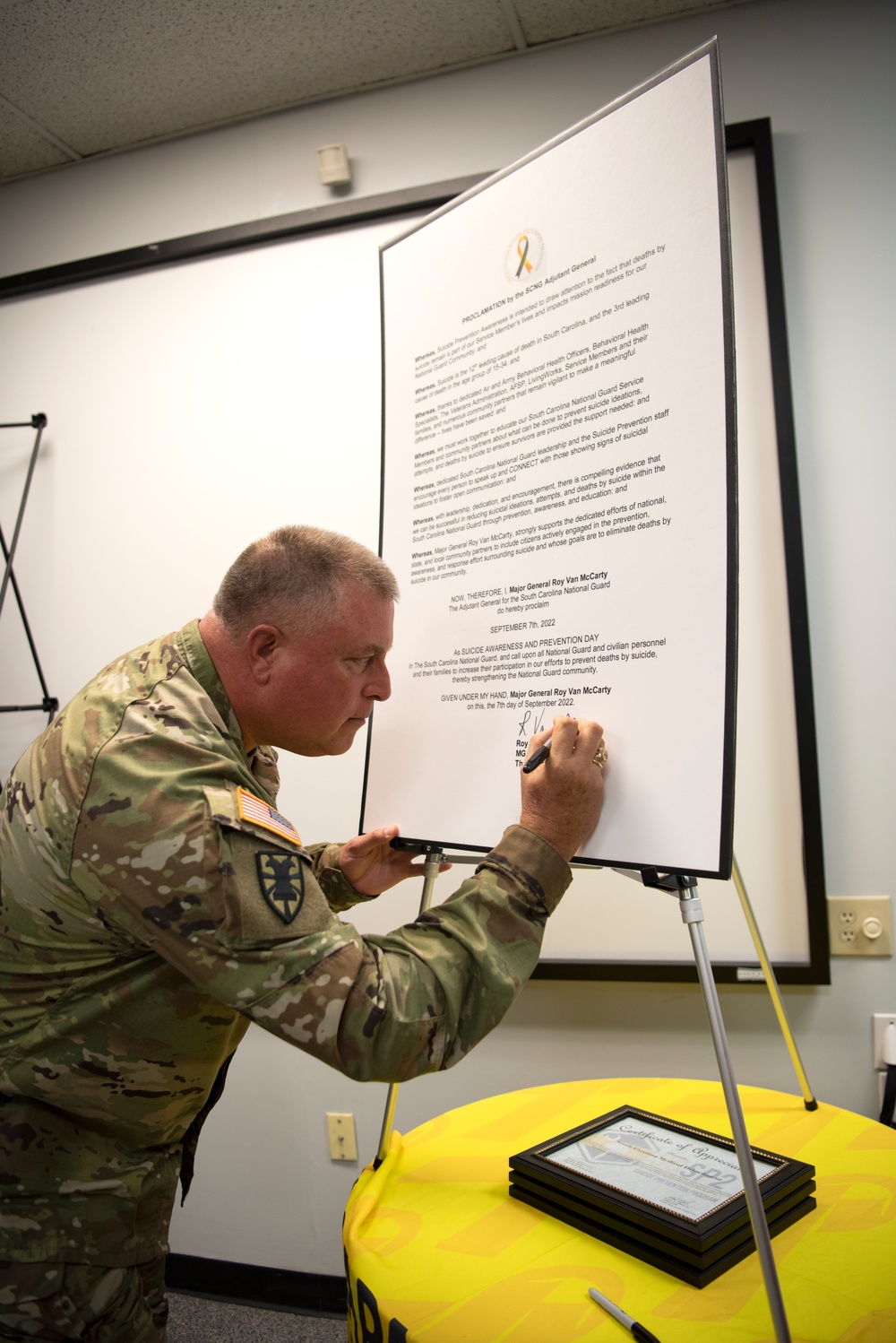 South Carolina Adjutant General signs Suicide Prevention Proclamation