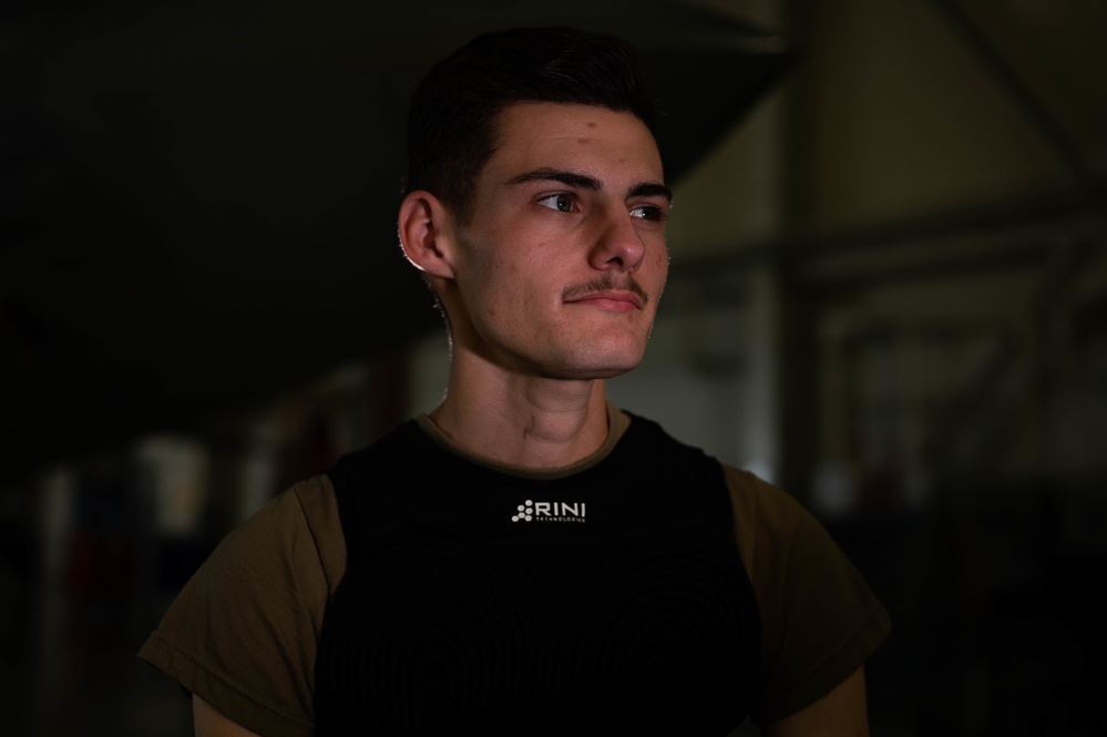 1FW Airman wears Cooling Vest