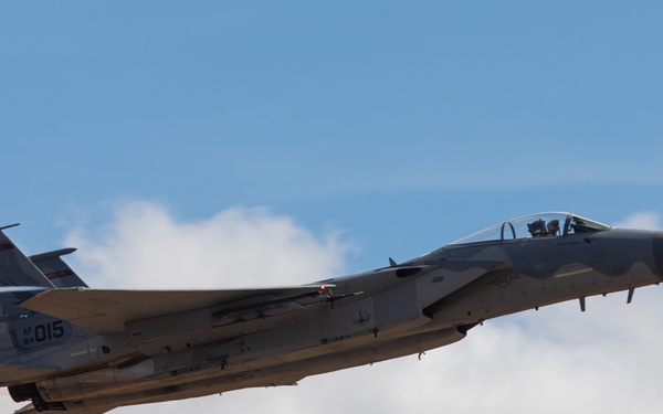 Oregon Air National Guard F-15s perform flyby in McMinnville, Ore.