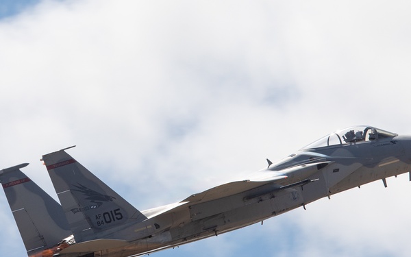 Oregon Air National Guard F-15s perform flyby in McMinnville, Ore.