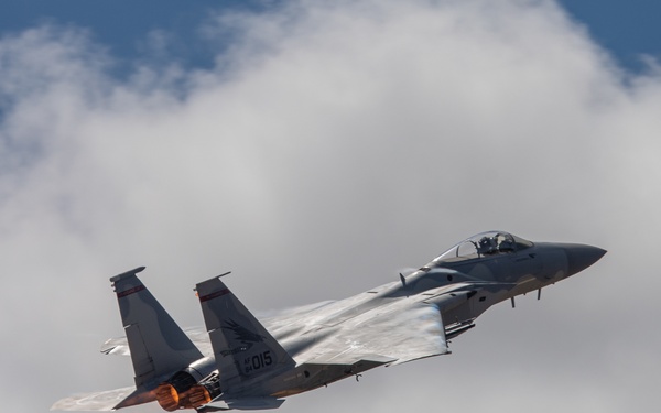 Oregon Air National Guard F-15s perform flyby in McMinnville, Ore.
