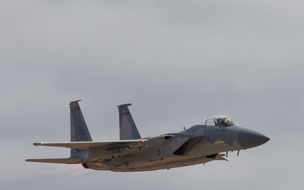 Oregon Air National Guard F-15s perform flyby in McMinnville, Ore.