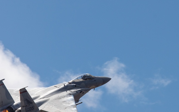 Oregon Air National Guard F-15s perform flyby in McMinnville, Ore.