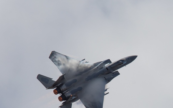 Oregon Air National Guard F-15s perform flyby in McMinnville, Ore.