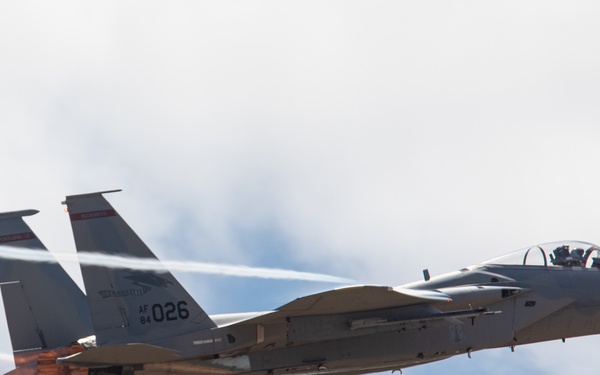 Oregon Air National Guard F-15s perform flyby in McMinnville, Ore.