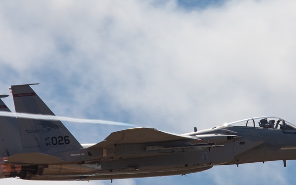 Oregon Air National Guard F-15s perform flyby in McMinnville, Ore.