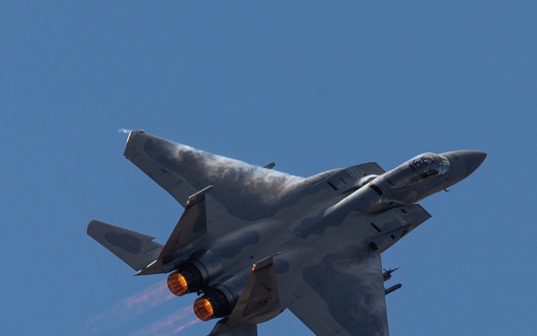 Oregon Air National Guard F-15s perform flyby in McMinnville, Ore.