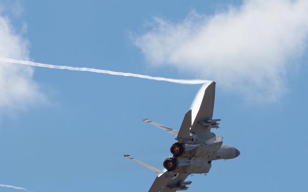Oregon Air National Guard F-15s perform flyby in McMinnville, Ore.