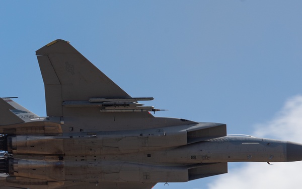 Oregon Air National Guard F-15s perform flyby in McMinnville, Ore.