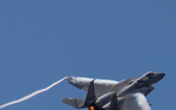 Oregon Air National Guard F-15s perform flyby in McMinnville, Ore.