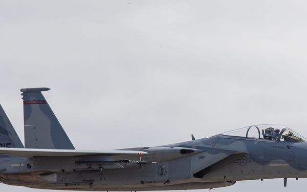 Oregon Air National Guard F-15s perform flyby in McMinnville, Ore.