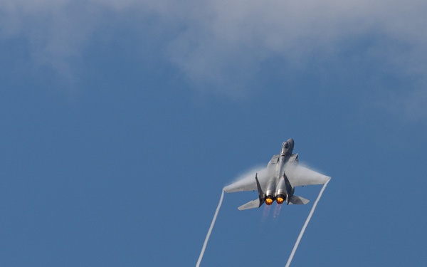 Oregon Air National Guard F-15s perform flyby in McMinnville, Ore.