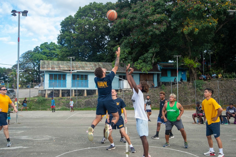 Pacific Partnership 2022 plays basketball during a Solomon Islands community outreach event