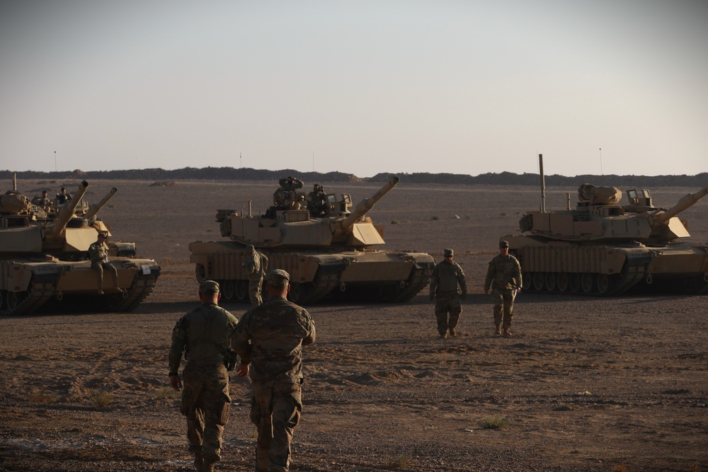 U.S. Army M1 Abrams tanks from the 1st Combined Arms Battalion, 163rd Cavalry Regiment prepare to conduct movement operations during Exercise Eager Lion in Jordan, Sept. 6, 2022