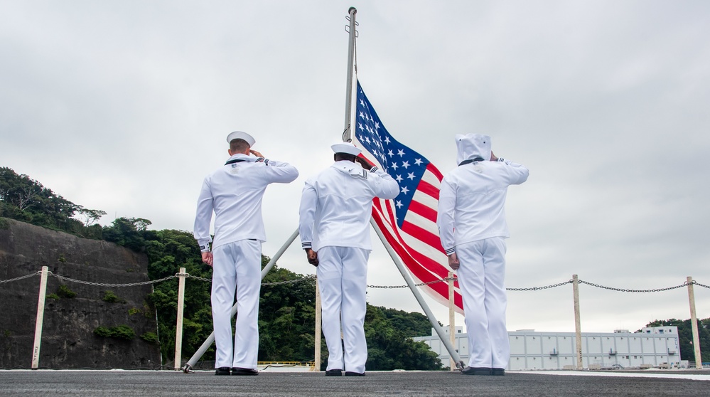 USS Ronald Reagan (CVN 76) Conducts Morning Colors