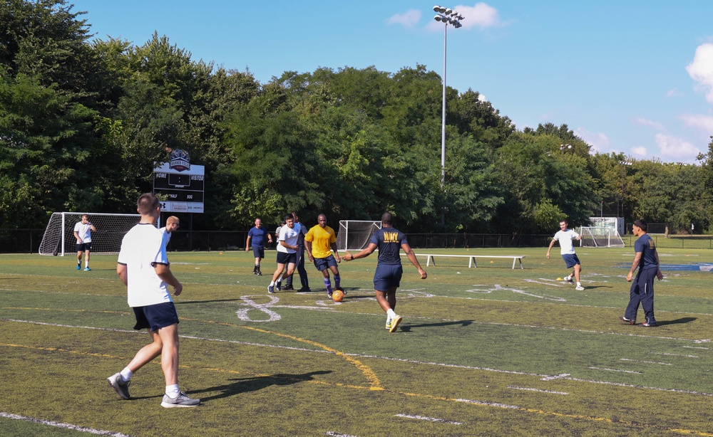 U.S. Service members play soccer at Latrobe Park in Baltimore during Maryland Fleet Week