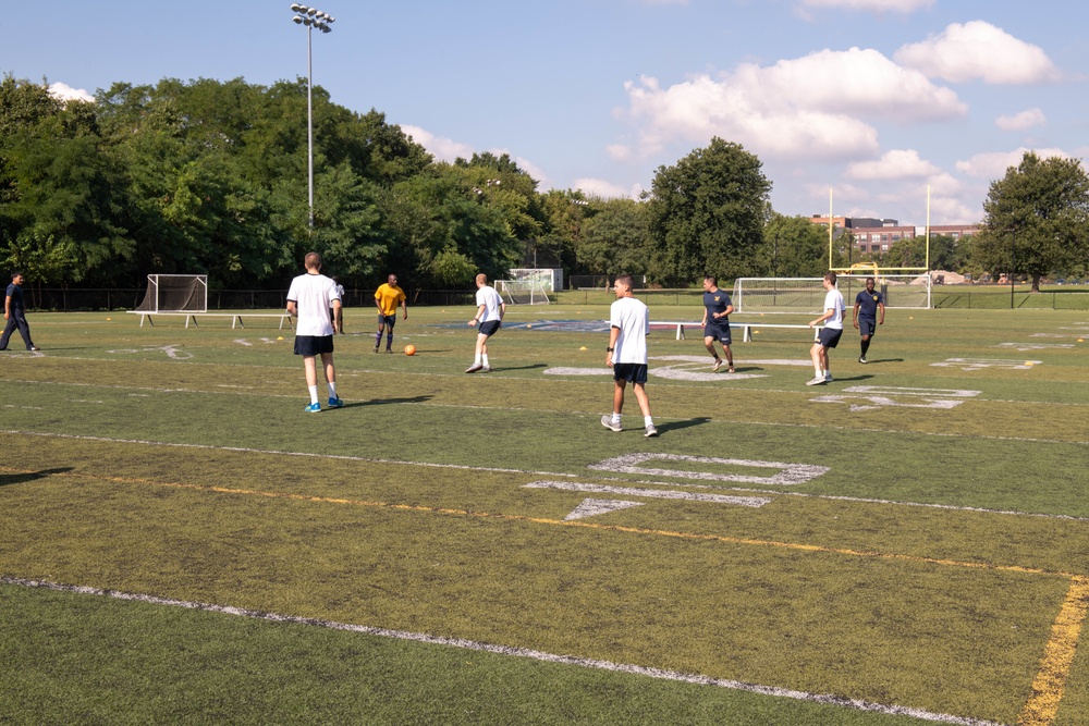 U.S. Service members play soccer at Latrobe Park in Baltimore during Maryland Fleet Week