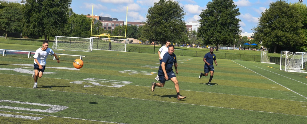 U.S. Service members play soccer at Latrobe Park in Baltimore during Maryland Fleet Week