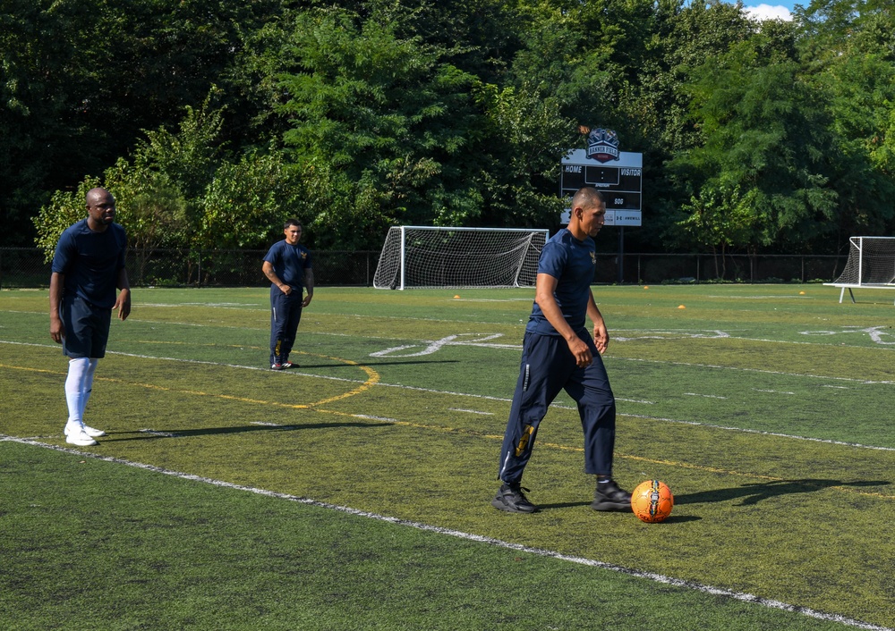 U.S. Service members play soccer at Latrobe Park in Baltimore during Maryland Fleet Week