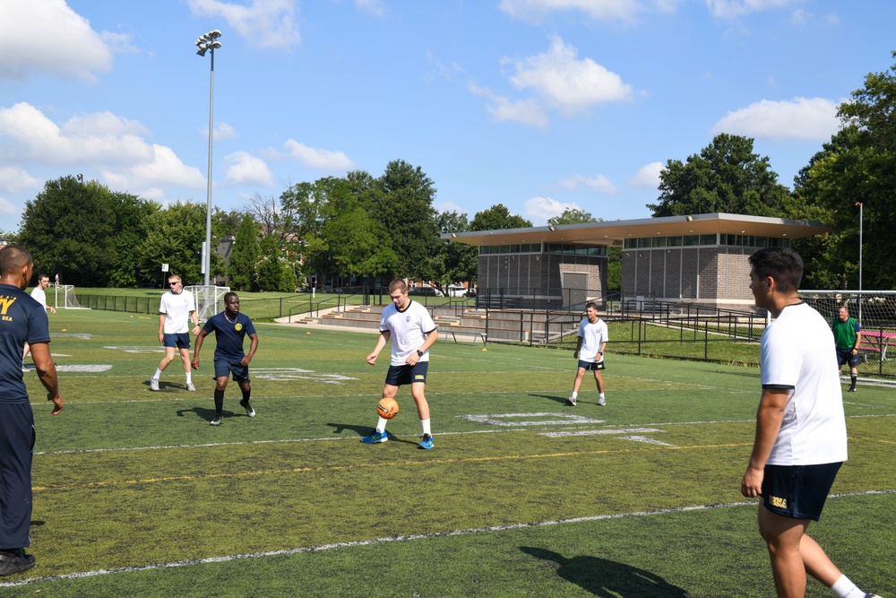 U.S. Service members play soccer at Latrobe Park in Baltimore during Maryland Fleet Week