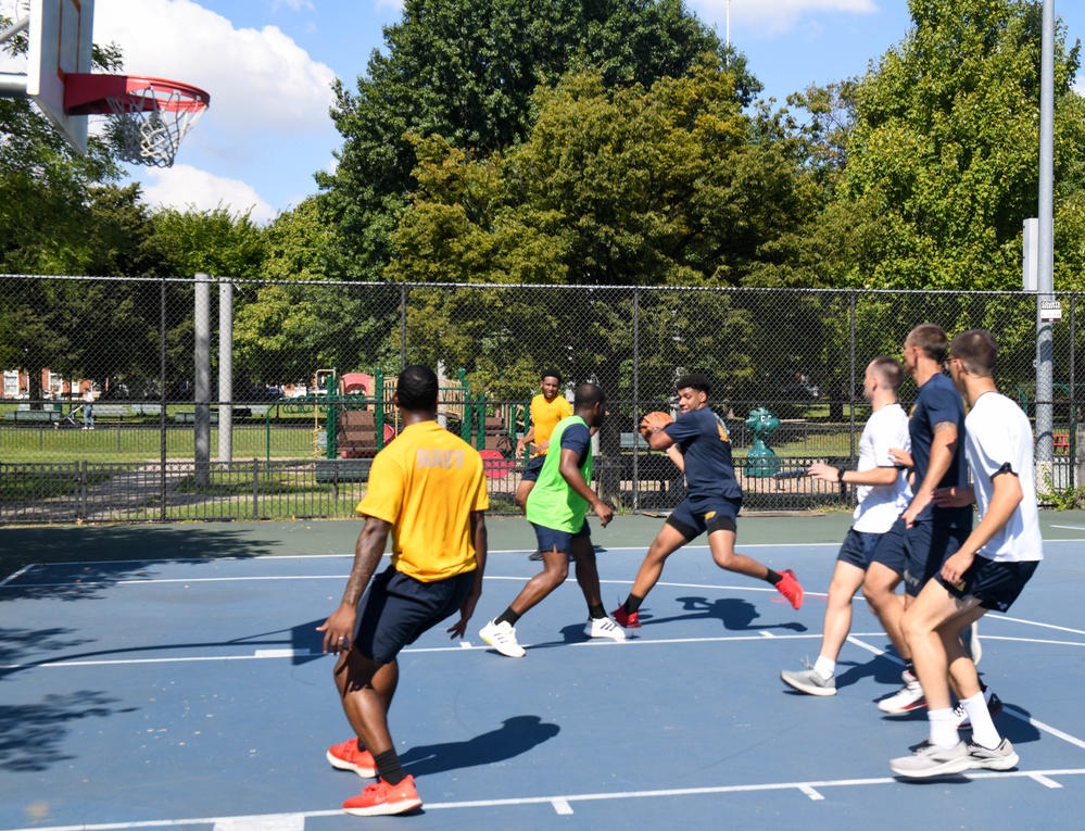 U.S. Service members play basketball at Latrobe Park in Baltimore during Maryland Fleet Week