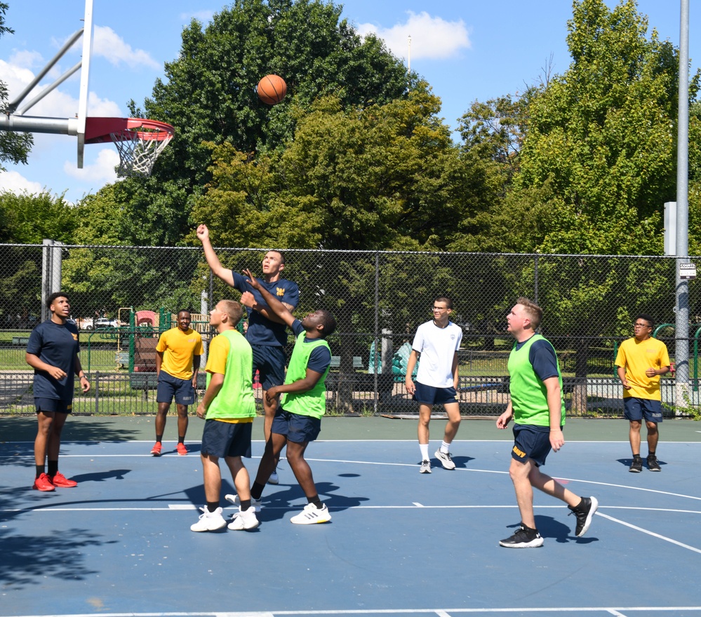 U.S. Service members play basketball at Latrobe Park in Baltimore during Maryland Fleet Week