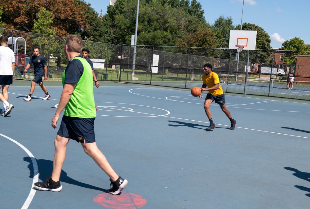 U.S. Service members play basketball at Latrobe Park in Baltimore during Maryland Fleet Week