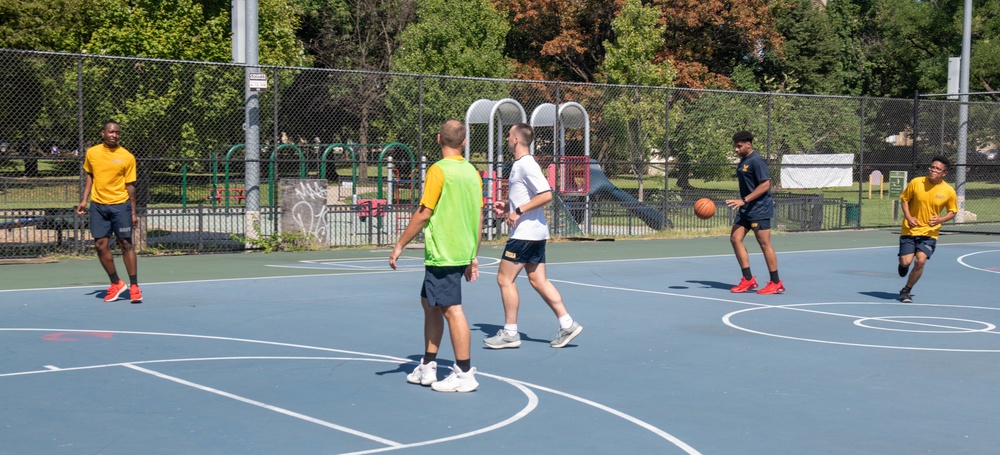 U.S. Service members play basketball at Latrobe Park in Baltimore during Maryland Fleet Week