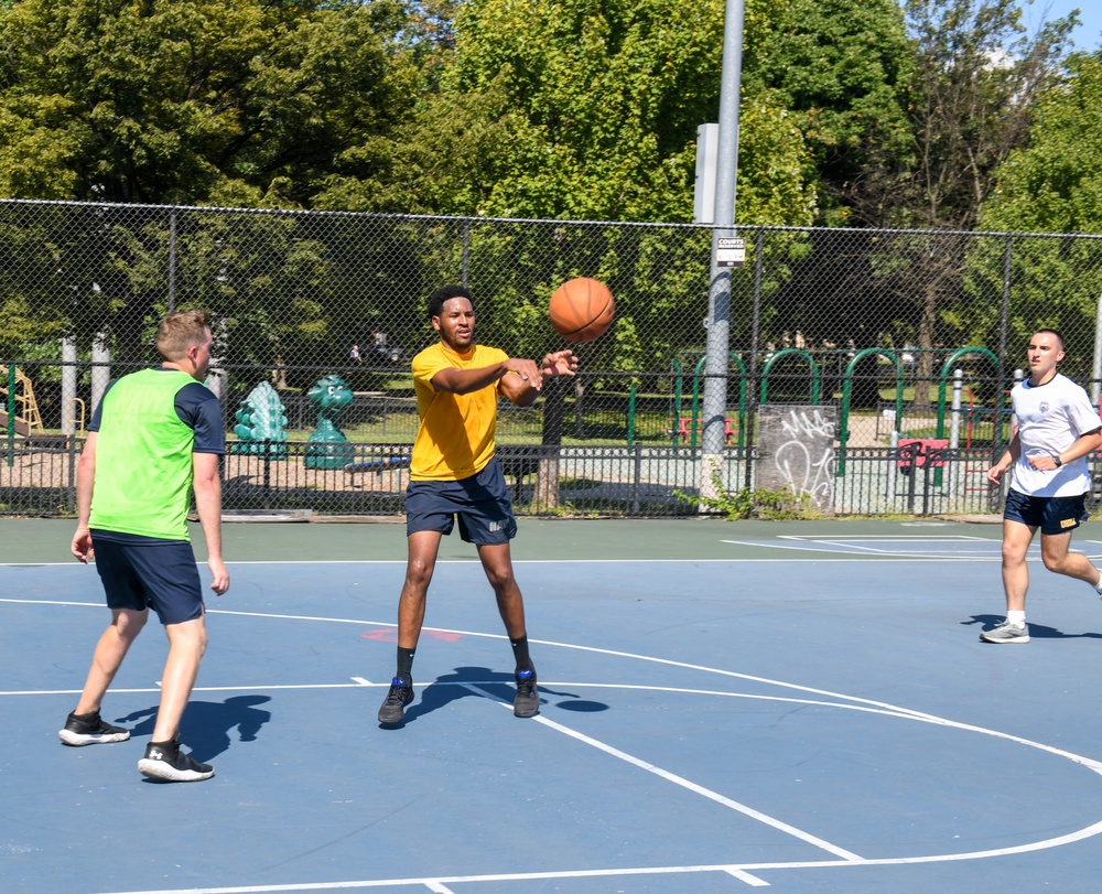 U.S. Service members play basketball at Latrobe Park in Baltimore during Maryland Fleet Week