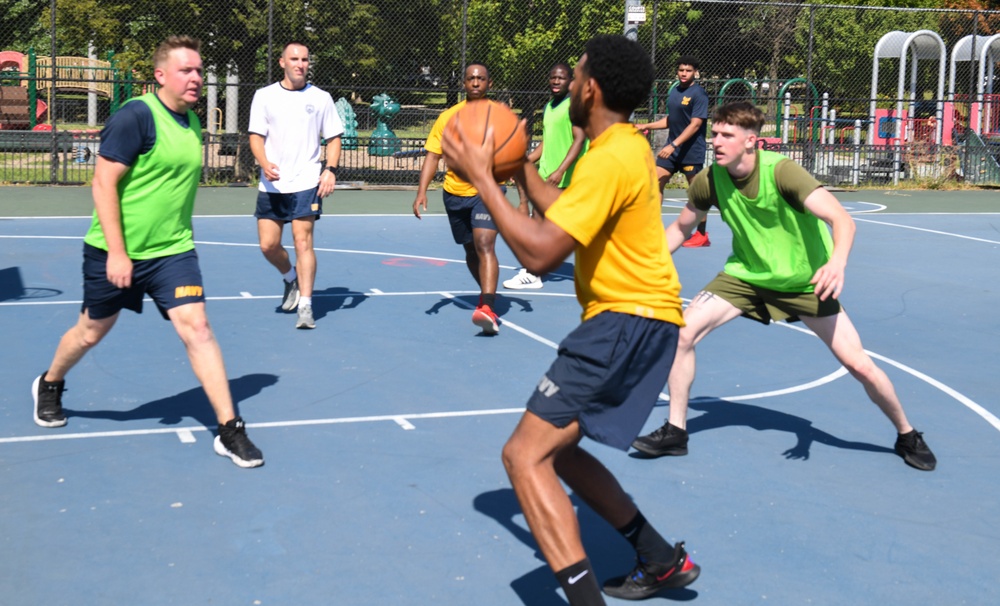 U.S. Service members play basketball at Latrobe Park in Baltimore during Maryland Fleet Week