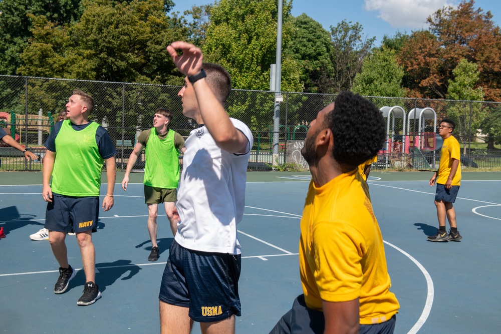 U.S. Service members play basketball at Latrobe Park in Baltimore during Maryland Fleet Week