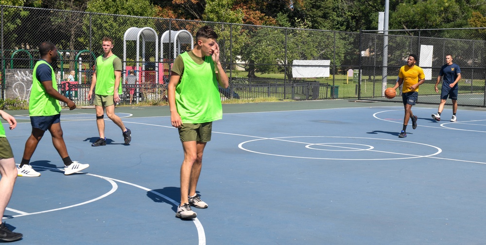 U.S. Service members play basketball at Latrobe Park in Baltimore during Maryland Fleet Week