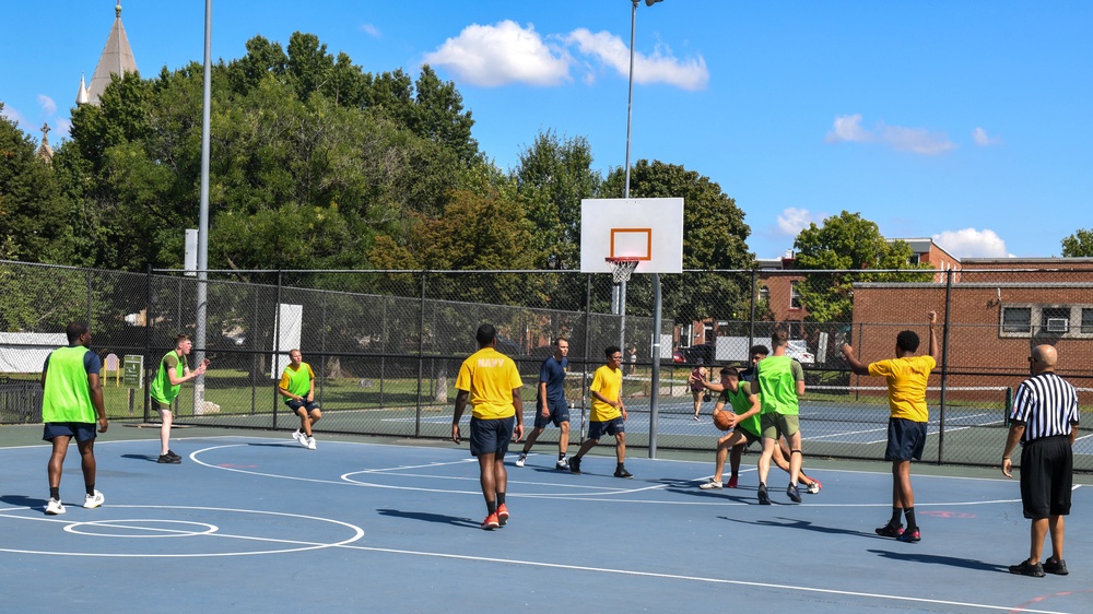 U.S. Service members play basketball at Latrobe Park in Baltimore during Maryland Fleet Week