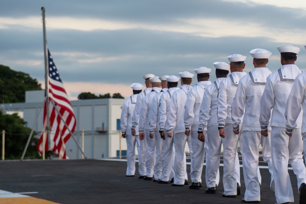 USS Ronald Reagan (CVN 76) Conducts Evening Colors