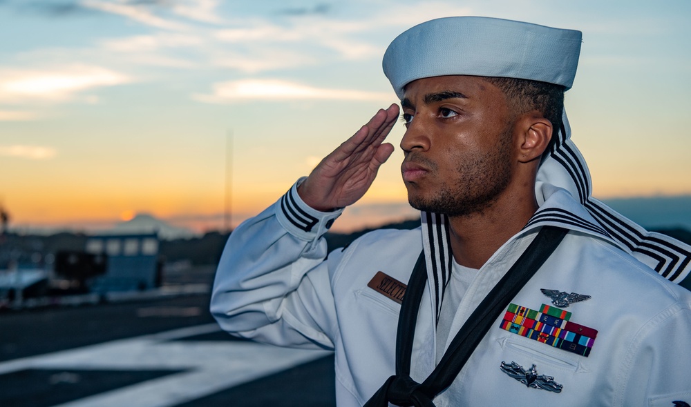 USS Ronald Reagan (CVN 76) Conducts Evening Colors