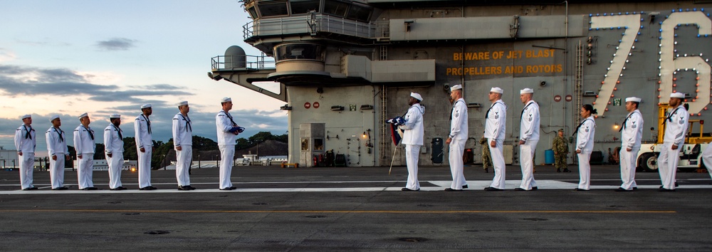 USS Ronald Reagan (CVN 76) Conducts Evening Colors