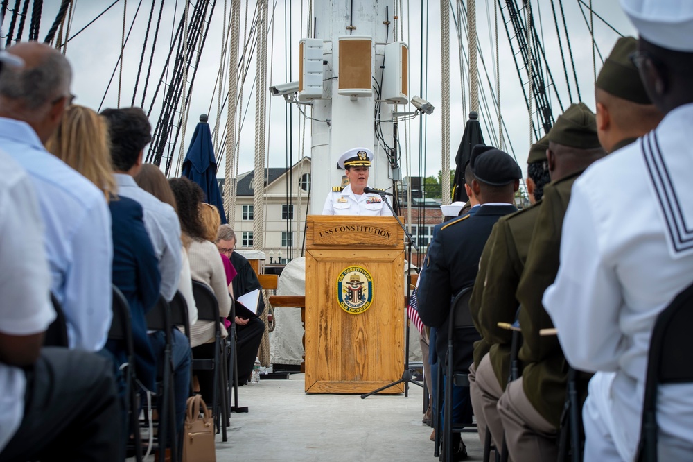 USS Constitution Commanding Officer speaks at ceremony