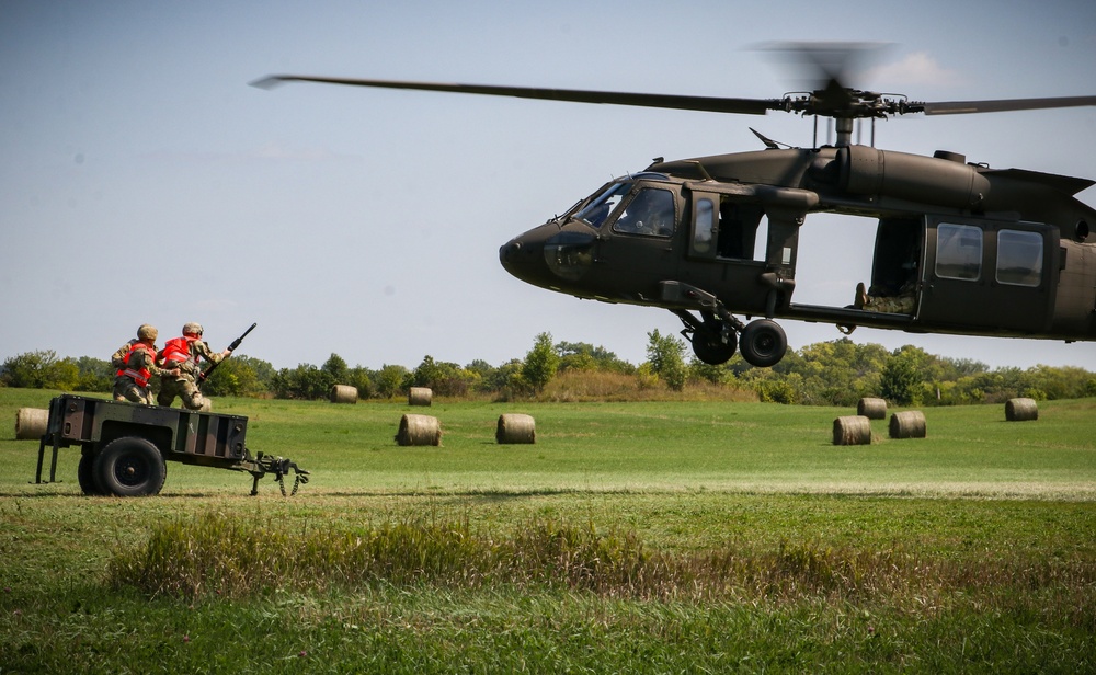 U.S. Soldiers conduct air drop, sling load operations during Pathfinder course at Camp Dodge