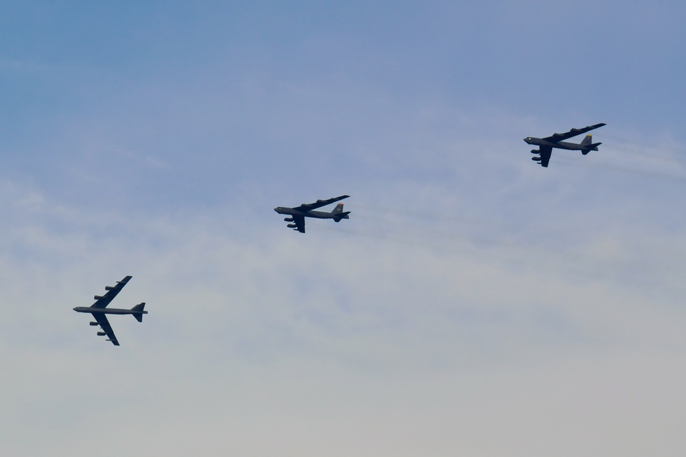 Three B-52H Stratofortresses Fly Over Minot Air Force Base