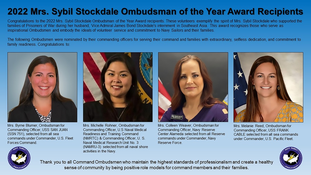 Navy Recognizes Four Ombudsmen with the Mrs. Sybil Stockdale Ombudsman of the Year Award