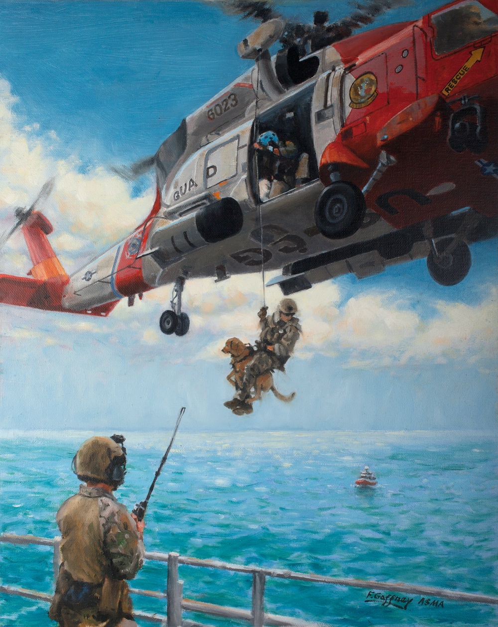 US Coast Guard Art Program 2016 Collection, Ob ID # 201609, &quot;Vertical Insertion with a K-9 Service Member,&quot; Frank Gaffney (9 of 26)