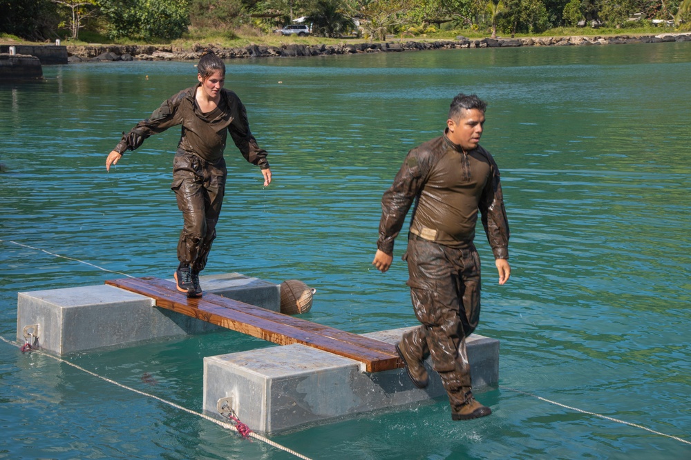 MARFORPAC Marines participate in Water Parkour Course during the French Armed Forces Aito Course