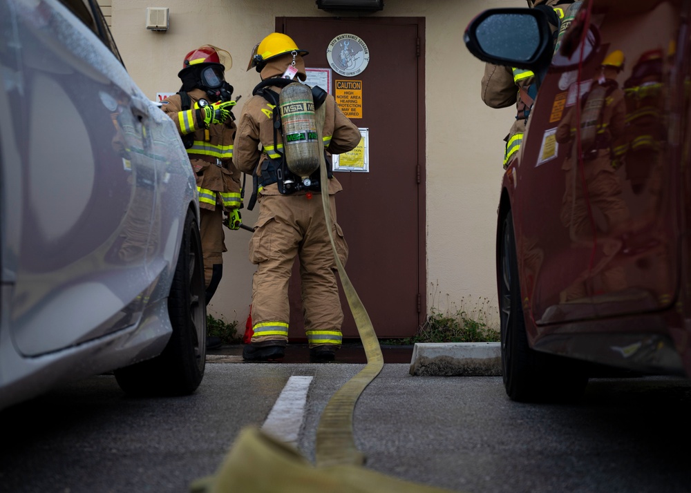 36th Civil Engineer Squadron firefighters conduct fire response procedures during Exercise SLING STONE 22-08