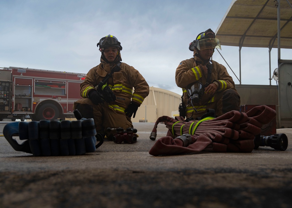 36th Civil Engineer Squadron firefighters conduct fire response procedures during Exercise SLING STONE 22-08