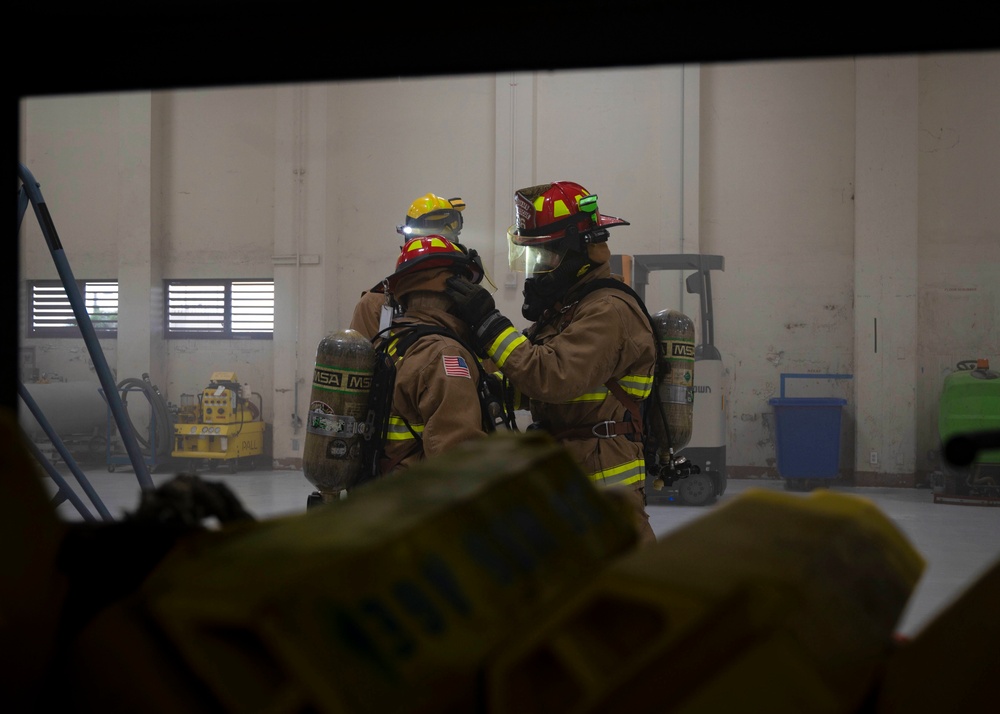 36th Civil Engineer Squadron firefighters conduct fire response procedures during Exercise SLING STONE 22-08