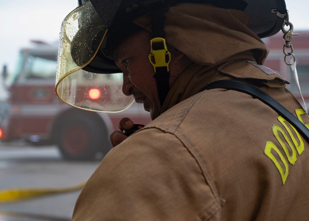 36th Civil Engineer Squadron firefighters conduct fire response procedures during Exercise SLING STONE 22-08